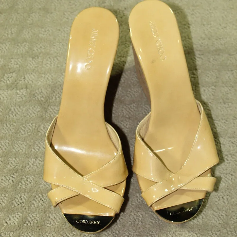 Jimmy Choo Women's 8.5 / 40 Platform Patent Leather Yellow Cork Wedge Heels